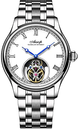 Aesop Tourbillon Herrenuhren Echtes Tourbillon Uhrwerk Mechanischer Handaufzug Armbanduhren Saphirglas Wasserdicht Business Luxus Klassische Uhr 7061(Silber-Weiß-Edelstahl)