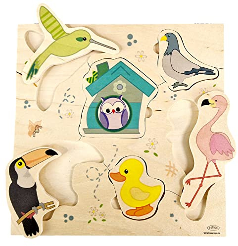 Hess Holzspielzeug 14972 - Puzzle aus Holz, Motiv Vögel, handgefertigt, für Kinder ab 3 Jahren