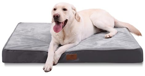 Jaspuriea Large Orthopedic Dog Beds Washable with Waterproof Removable Cover, Extra Large Dog Bed with Anti-Slip Bottom, Deluxe Flannel Comfy Dog Crate Mattress, Grey, 105x70x10cm