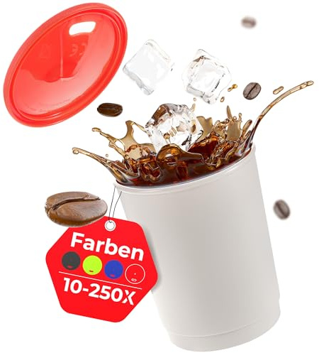 achilles Kaffeebecher mit Deckel, Kunststoffbecher, Mehrwegbecher, Trinkbecher, LFGB geprüft, spülmaschinenfest, stapelbar, 330 ml, Becher grau, Deckel rot, 250 Stk.