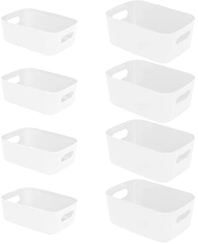 ZPONEED 8 Pack Plastic Storage Basket, White Storage Boxes, Organizing Wrap Bins for Shelves, Stackable Cupboard Organiser for Kitchen, Cupboard, and Bathroom Organizer on Shelves