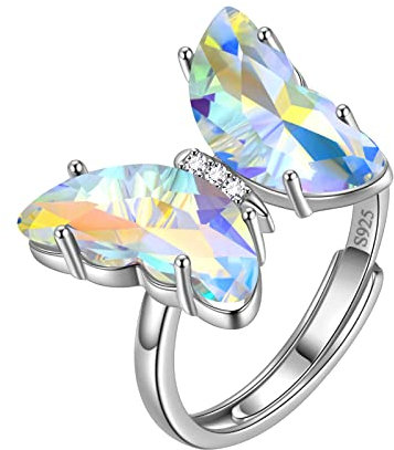 Aurora Tears Schmetterling Herz Ring Einstellbare Frauen 925 Sterling Silber Tier Schmetterlinge April Birthstone Diamant Offener Ring Kristall Hochzeit Geburtstag Schmuck DR0133W