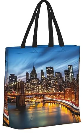 Tragetasche für Damen, wiederverwendbar, faltbar, Einkaufstasche, Reise-Handtasche, Regenbogen-Musiknote, Melodie-Druck, Schulter-Tragetaschen, New York City Landschaft, Einheitsgröße