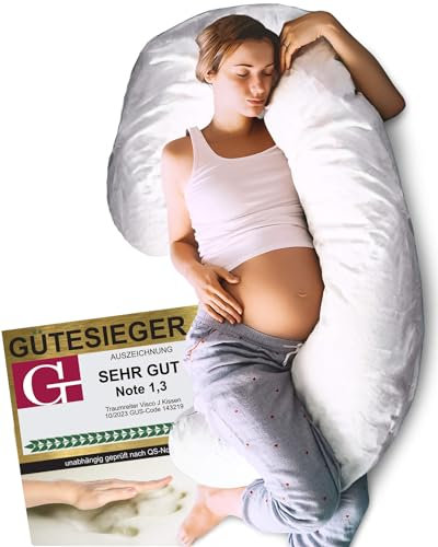 Traumreiter Seitenschläferkissen Visco J-L mit Bezug Weiß, Hybrid Kissen + 1cm Memory Foam, J Form Schwangerschaftskissen Gel Body Pillow Komfortkissen Erwachsene, Ergonomie Zertifiziert
