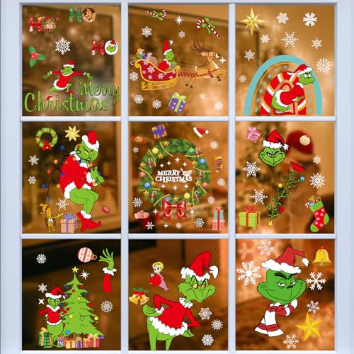 AUAUY Christmas Window Stickers, 8 Sheets 116pcs Grinch Merry Christmas Window Clings Sticker, Adesivi Adesivi Vetro Natalizi, PVC Autoadesivi Finestre, Adesivi Vetrina Finestra Decorazione