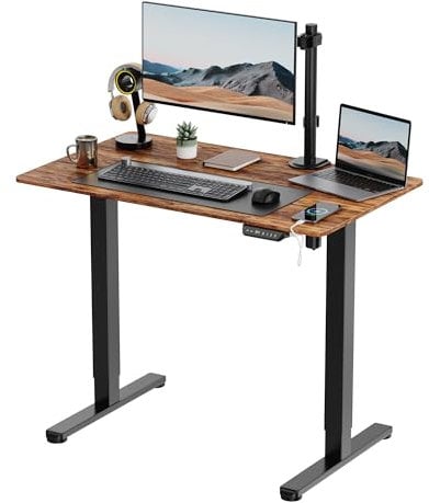 VonHaus Electric Standing Desk, Height Adjustable Sit Stand Desk w/Anti-Collision & Height Preset Technology, Cable Management & USB-C Charging, 100x60cm, Two Piece Rustic Desktop & Black Frame