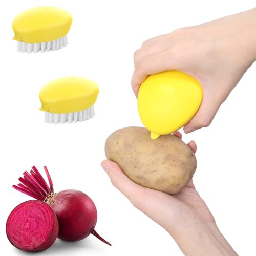 Pack of 2 Vegetable Brushes with Soft & Stiff Dual Bristles for Produce -Ergonomic Non-Slip Grip with Eye Remover for Deep Cleaning of Potatoes, Carrots and Mushrooms (for Kitchen and Camping)