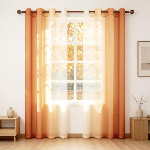 DWCN Ombre-Transparenzvorhänge aus Kunstleinen, extra lang, halb-Voile, Farbverlauf, lichtdurchlässig, Schlafzimmer, Wohnzimmer, 2er-Set, mit Ösen, 132,1 x 259,1 cm, Sonnenuntergangs-Orange