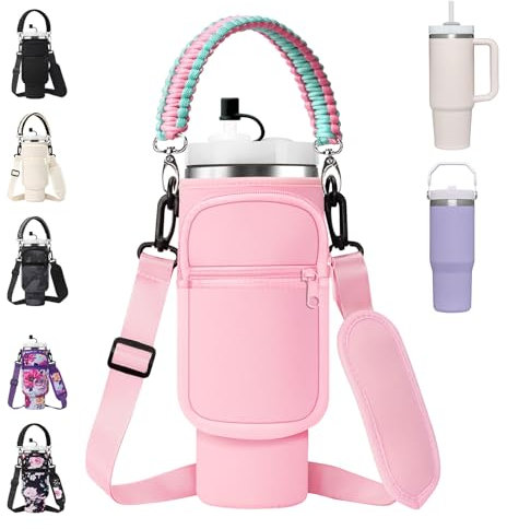 AceTreker Stanley Tumbler Sleeve Bag mit Paracord-Griff, Neopren-Edelstahl-Reisebecher mit 2 Taschen, Metall-Kaffeetassen-Schlinge mit Strohhalm-Abdeckung für Spaziergänge, Fahren, Arbeit, Rosa