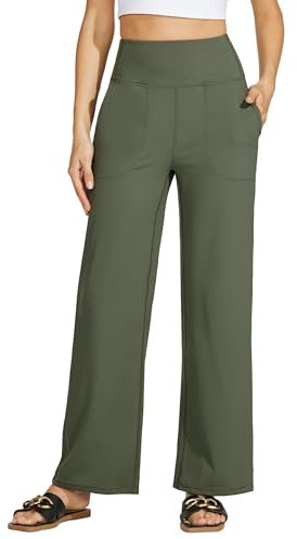 WILLIT Yogahose Damen Weites Bein Sporthose Hohe Taille Yoga Hosen Bauchkontrolle Schlaghose Freizeithose Frauen Jogginghose mit Taschen 28 Graugrün L