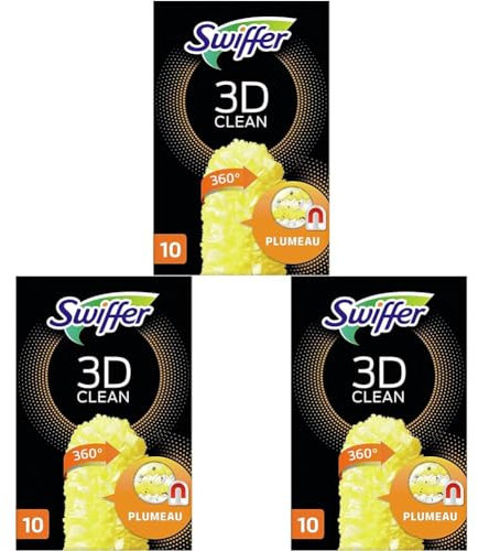Swiffer Duster Plumeau 3D Clean, Pack de 10 Recharges, Attrape et Retient la Poussière, Nettoyage 360° (Lot de 3)