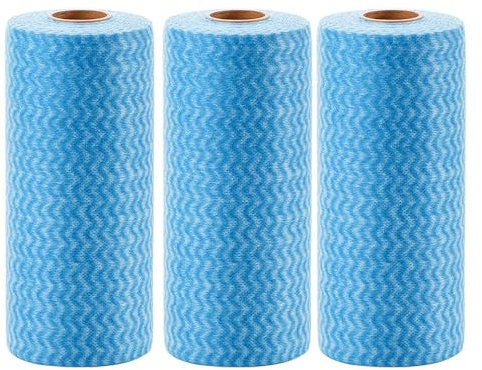 Disposable Cleaning Cloths Wipe Roll,3 Rolls Dish Wash Cloths,150 Sheets Cleaning Washcloth Towel,Non Woven Blue Cloths Wash -FREE for Kitchen Bathroom Window Glass