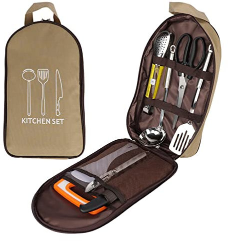 RENHUAVOY Set di accessori da campeggio, 8 pezzi, organizer per utensili da cucina, kit da viaggio per pasti al chiuso o all'aperto, escursioni, picnic e trekking