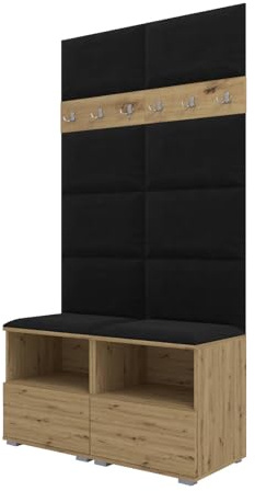 RAVIO Garderoben-Set NELA III mit Gepolstertes Paneel/Wandpaneel, Wand-Garderobe mit Zwei Schuhschränke, 100cm Flurgarderobe, Kompaktgarderobe (Artisan Eiche + Schwarz (Trinity 16))