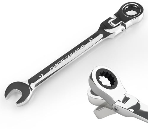 EGOFINE 17mm Adjustable Spanner Flex Head, Ratchet Spanner Metric, Industrial Grade Gear Wrench with 12 Point Box End, 72-Teeth Ratchet, Chrome Vanadium Steel