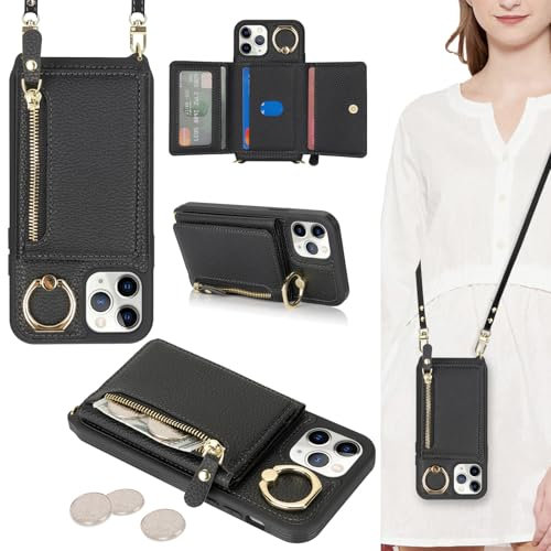 ELTEKER Handyhülle für iPhone 11 Pro Hülle mit Band Kartenfach Ringhalterung Geldbörse,Leder Klapphülle Umhängetasche Handytasche für iPhone 11 Pro - Schwarz
