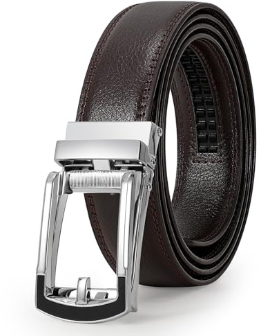 LEACOOLKEY Herren Ledergürtel mit Schieber Automatik Ledergürtel Ratschengürtel für Männer mit Automatikschnalle, D-Kaffee mit Silber, 115cm/for waist size 70-95cm