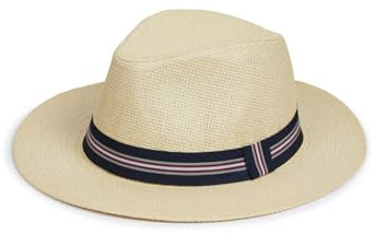 Nicky Adams Countrywear Panama Straw Sun Hat Fedora Style - Lightweight Unisex Beach Hat with UV Protection (Beige with Navy Band 57)