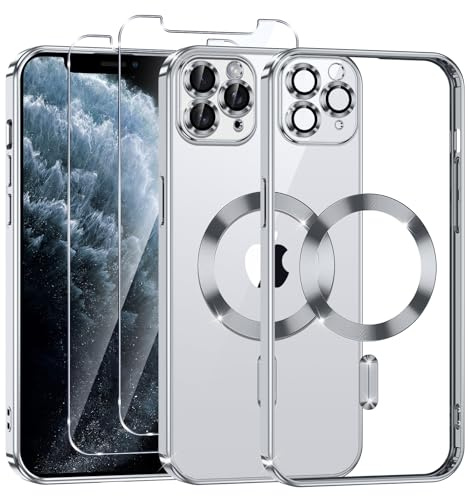 Phoona Cover Placcatura per iPhone 11 Pro Max 6,5 Pollici, Obiettivo per Fotocamera Protezione Completa e 2 × vetro temperato, Compatibile con MagSafe Ricarica Wireless, Protezione Militare, Argento