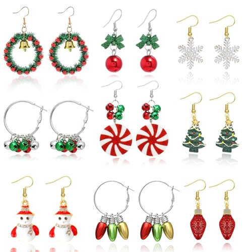 HIFOT 9 Paar Weihnachts Ohrringe Damen Mädchen Tropfen Ohrringe Weihnachtskugel Schneeflocke Ohrringe Tannenbaum Weihnachtsohrringe Glitzer Schmuck Baumeln Ohrringe Weihnachtsbaum Weihnachtsmann Party