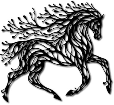Wandkunstdeko aus Metall mit Pferd, Geometrisches Wandbehang in Schwarz mit Pferd und Baum, Wandkunst mit Zweigsilhouette, Wandkunst aus Metall für Pferdeliebhaber, Geschenke