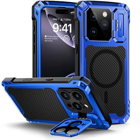 Lanhiem for iPhone 16 Pro Metal Case with Camera Cover & Stand [Compatible with MagSafe] [Built-in Kickstand] [Military-Grade Protection] Heavy Duty Rugged Magnetic Phone Case, Blue