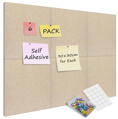 Sliandtelly 6 Stück Filz-Pinnwand für Schlafzimmer, 12 mm dick Filz-Kork-Wandtafeln mit 60 Nadeln & Klebebändern, 30 x 30 cm Beige Pinwand Korkwand für Zuhause Küche Büro Klassenzimmer Notiz Fotos