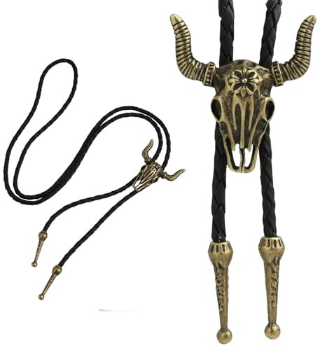 Krawatte aus Leder für Damen und Herren, Verstellbare Western Cowboy Krawatte mit Kuh Schädel Anhänger, Schwarz Leder Rodeo Lariat Halskette, für Halloween und Cowboy-Kostüme-cowboy accessoires