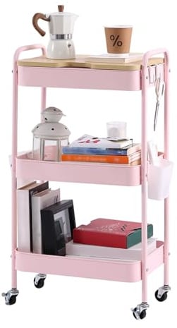 YOTATING Rollwagen mit 3 Ebenen, Aufbewahrungswagen, Küchenregal mit Rollen, Allzweckwagen, Servierwagen mit 4 Haken, 3 Organizer, Abnehmbarem Holztablett für Küche Bad Wohnzimmer Schlafzimmer, Rosa