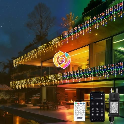 Eisregen Lichterkette mit App Steuerung, Lichterkettenvorhang mit musikalischem Rhythmus, IP44 wasserdicht, 17 Modi, App-Timer & Fernbedienung für Wohnzimmer Hochzeit Weihnachten Party Halloween