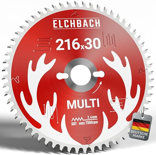 Elchbach® Multi Kreissägeblatt 216×30 mm Hartmetall - für Holz, Metall, Aluminium & Kunststoff - Sägeblatt 216x30 mm für Präzisionsschnitte - kompatibel mit Bosch GTS 635-216 & Metabo KGS 216 M
