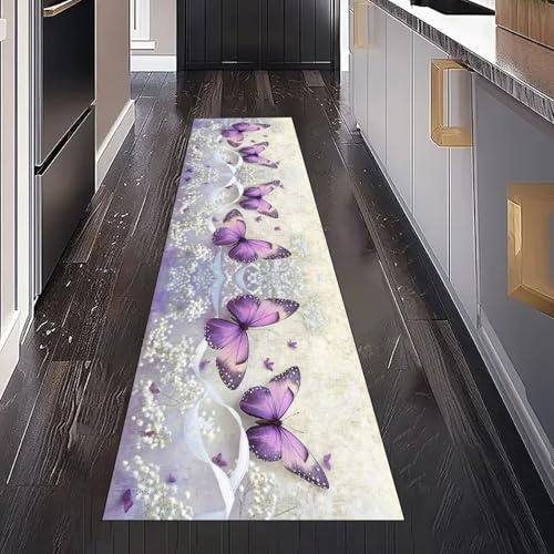 Fantasie Schmetterling Frühling Blumen Hintergrund Teppichläufer Küchenteppich Waschbar Rutschfest 80x150 cm, Natur Zweige Teppich für Bettumrandung Schlafzimmer Flur Eingangsbereich Wohnzimmer Küche