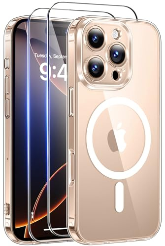 Qasyfanc Coque Magnétique pour iPhone 16 Pro avec 2 Verre Trempé,Clear | Transparente,Compatible avec MagSafe, Anti-Jaune Antichoc Anti-Chute Caméra Protecteur