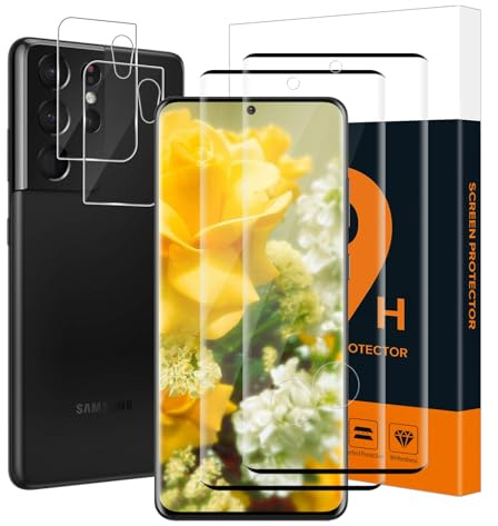 Carantee Verre Trempé pour Samsung Galaxy S21 Ultra 5G, 2+2 pièces vitre protection+Caméra Arrière, 9H Dureté, Sans bulles, 3D plein écran, 0.33mm Transparent HD Samsung S21 Ultra protection écran