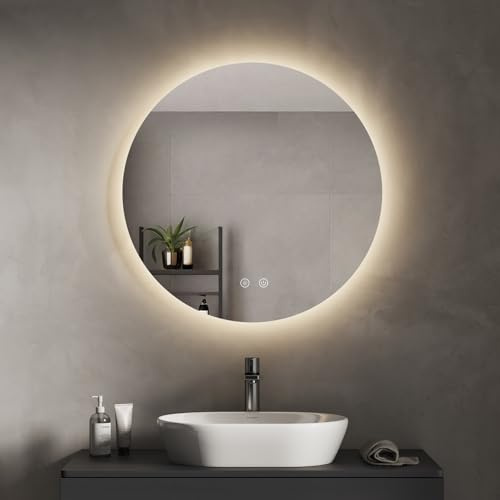 Maevor Badspiegel mit Beleuchtung Rund, 60 cm LED Spiegel mit Touch-Schalter, Badezimmer Spiegel mit Beleuchtung/3 Lichtfarbe Einstellbare/Dimmbar, LED Wandspiegel mit Licht, IP44