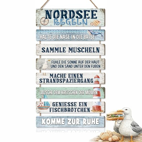 Maritime Deko Nordsee Regeln Holzschild Wanddeko für Badezimmer und Wohnzimmer Deko Maritim zum Aufhängen Nautische Dekoration im Vintage Look Holz Schild mit Leuchtturm und Motiv Wandbild