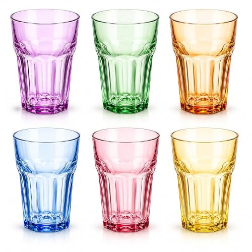 Set de 6 Vasos de Cristal de Colores 360 ml – Vasos de Vidrio Resistentes, No Pierden Color, Aptos para Lavavajillas y Microondas – Diseño Elegante para Agua, Refrescos y Cócteles - Apilables