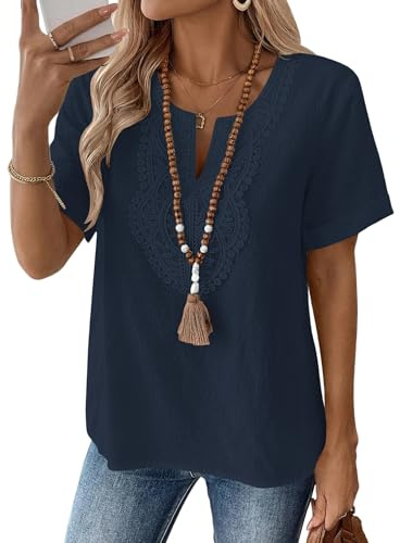 Rapbin Womens Tops Short Sleeve Cotton Linen T-Shirts Summer Blouses Tunic | V Neck Lace Loose Casual Clothing Fashion Elegant Outfit Ladies Clothes