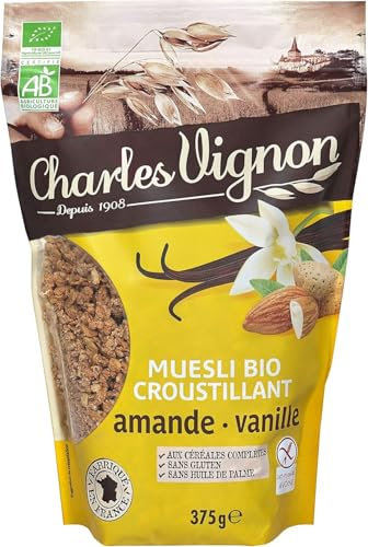 Charles Vignon - Muesli Bio Croustillant Sans Gluten Amande & Vanille - Riche en Fibres, Sachet Refermable de 375 g - Fabriqué en France