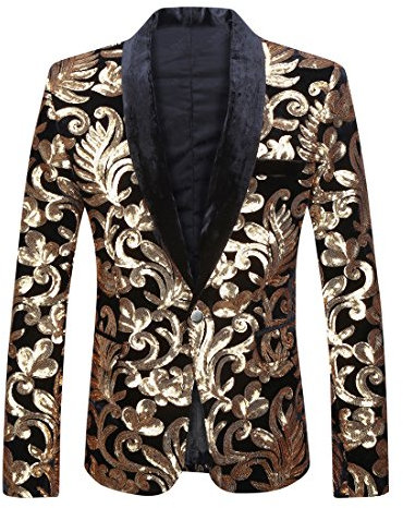 PYJTRL Herrenmode Samt Pailletten Blumenmuster Anzugjacke Blazer (XL, Black Flat Collar)