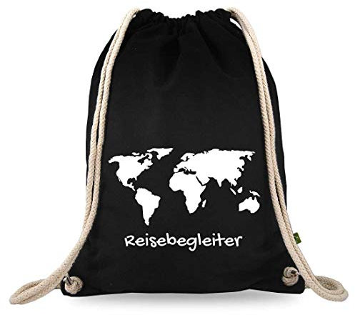 Turnbeutelliebe® Turnbeutel mit Spruch - Weltentdecker - Verschiedene Motive - Baumwolle schwarz - Sportbeutel - Rucksack - ca. 12 Liter - 37 x 46 cm (Weltkarte Reisebegleiter)