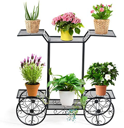 GOPLUS Pflanzenständer Metall, Blumentreppe mit 6 ablagen, Blumenständer im Retro-Stil, Blumenregal, Pflanzenregal, Pflanzentreppe für Wohnzimmer, Balkon & Garten, 80,5 x 75 x 25cm