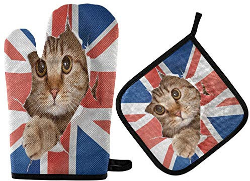 Mnsruu Cat Kitten British Flag Union Jack Oven Mitt and Pot Holder Set Heat Resistant Kitchen Glove for Cooking Baking Grilling Barbecue