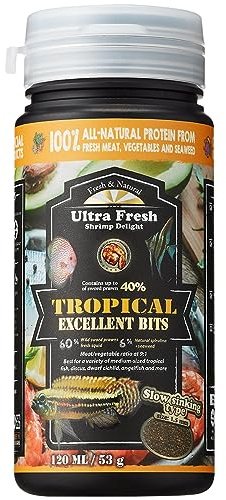 Ultra Fresh Tropical Fish Food, Wild Sword Prawn, Natural Color Enhancement, Slow Sinking Pellet for Discus, Angelfish, Medium Sized Cichlids and Fish, Tropical Excellent Bits 53g