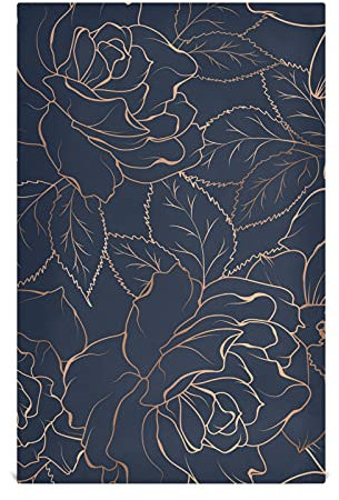 Copper-Gold Shiny Outline Rose Peony Flowers Leaves on Dark Navy Blue 1 Pack Polyester Kitchen Dish Towel, Hand Bar Tea Towels with Hanging Loop, Hemmed NapkinTowel Dishtowels Waffle Dishcloths