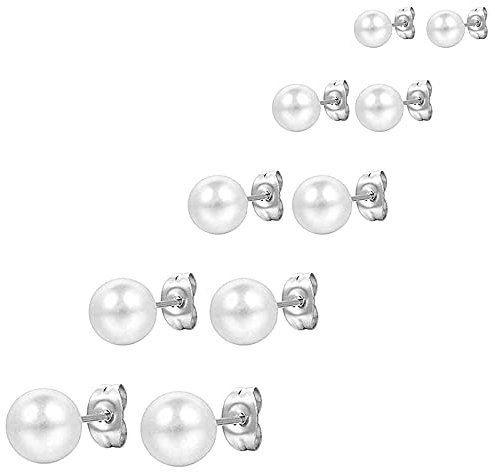 Zeayebsr 5 Paar Ohrstecker mit glänzender Imitationsperle und hypoallergenem Edelstahl-Ohrstecker Pin - 4 bis 8 Millimeter