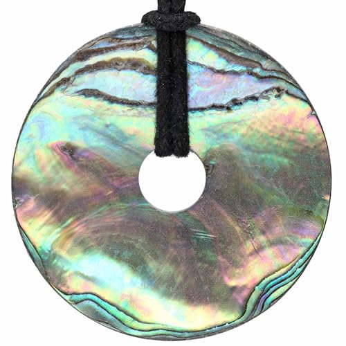 Lebensquelle Plus Abalone Donut | Ø 40 mm Edelstein + Baumwollband | Edelstein Anhänger | Echte Heilsteinkette inkl. Band