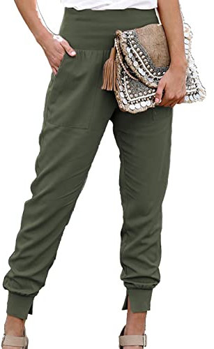 Cocoarm Damen Hose Hohe Taille Bleistifthose 9/10 Casual Elegant Pants Einfarbig Freizeithose Jogger Pants mit Taschen und geteilter Saum(m-Grün)