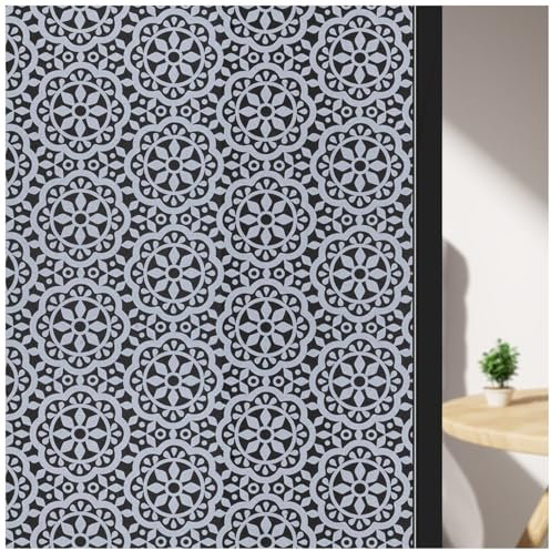 ConCus-T Blackout Patterned Window Privacy Film Frosted Window Film Lace Decorative Glass Film Static Cling No Glue Self Adhesive Window Vinyl Stickers for Home Office Bathroom, Black 44.5 X 200 cm