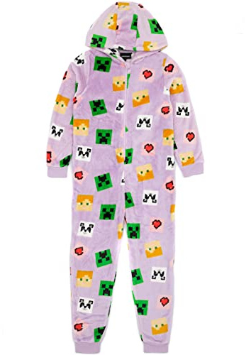 Minecraft Girls Onesie | Kids Children Creeper Alex Panda Game Characters | Purple Hooded Fleece With Zip | Gift For Gamers